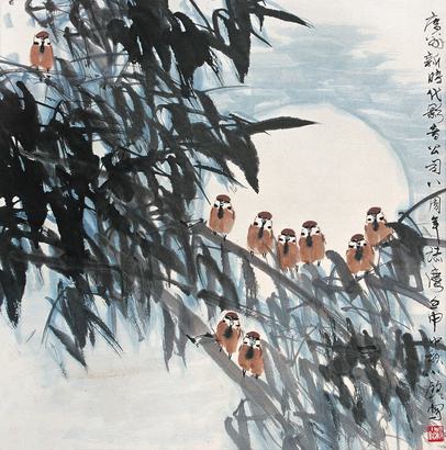 汤小铭 壬申（1992年）作 喜雀 立轴