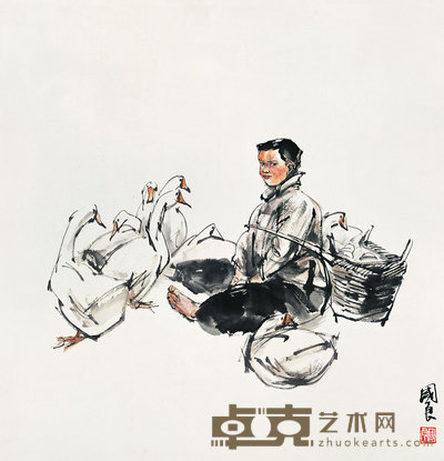 史国良 放鹅图 立轴 68×66cm