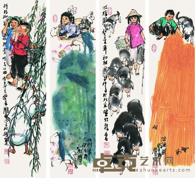 史国良 2003年作 人物 四屏 68.5×17.5cm×4