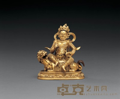 清康熙 铜鎏金财宝天王骑狮坐像 高12.4cm