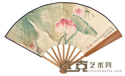 陆抑非 许崇熙 庚午（1930年）作 荷花蜻蜓 七言诗三首 成扇 18.2×51cm