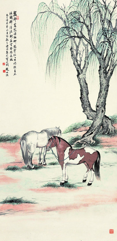 赵叔孺 己巳（1929年）作 柳阴双马 立轴