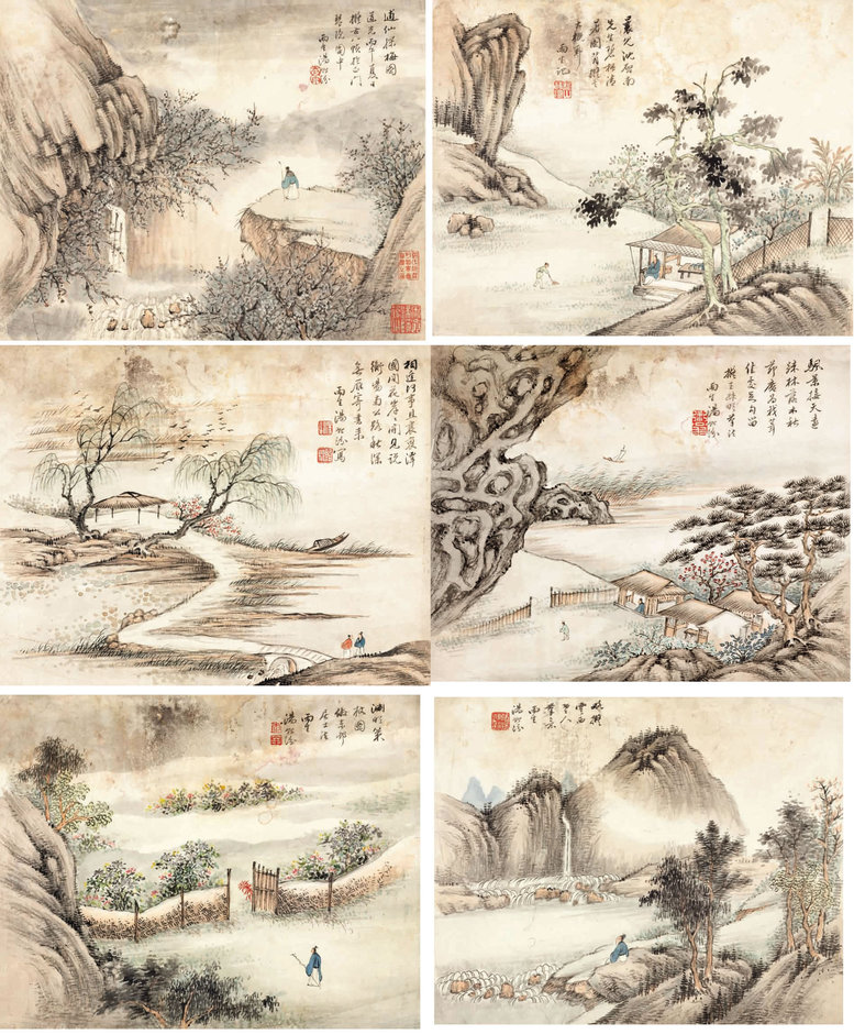 汤贻汾 丙午（1846年）作 山水人物八景 册页（八开）