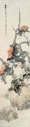 郦馥 庚寅（1890年）作 茶花双鸡 立轴
