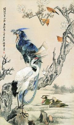 王礼 丁卯（1867年）作 五伦图 立轴