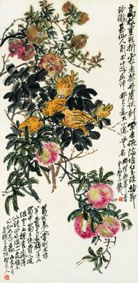 赵云壑 丙辰（1916年）作 三多图 立轴