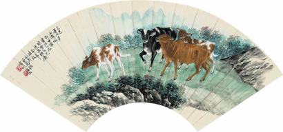 马骀 己巳（1929年）作 四牛图 扇面