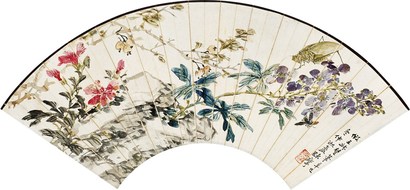 陈摩 辛巳（1941年）作 花卉扇面 立轴