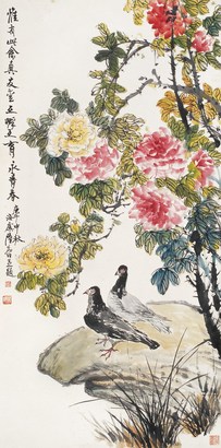 陆抑非 庚午（1990年）作 牡丹双鸽 立轴