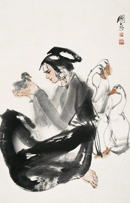 史国良 少女与小鸡 立轴