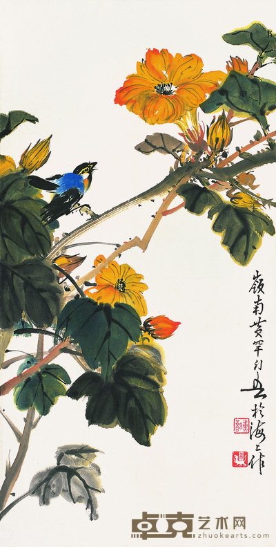 黄幻吾 木槿麻雀图 立轴 68×35cm