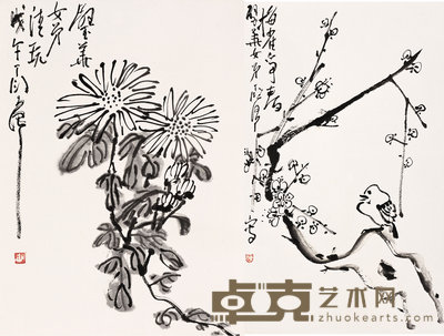 丁衍庸 1978年作 花鸟 镜心 45×33cm×2