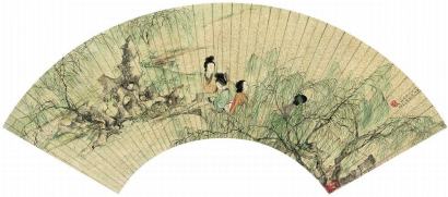 刘彦冲 丙申(1836年)作 柳荫垂钓 扇面