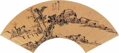 倪小迂 湖山幽居 扇面