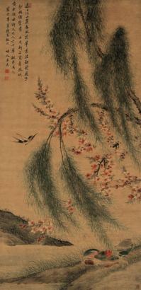 王武 壬戌（1682年）作 桃柳鸳鸯 立轴