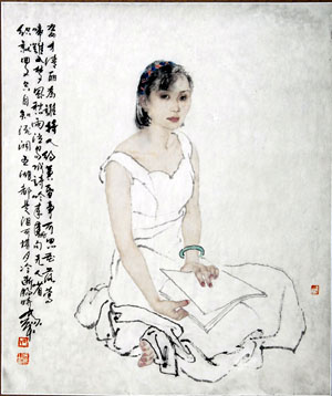 何家英  吟诗少女 立轴70×59cm