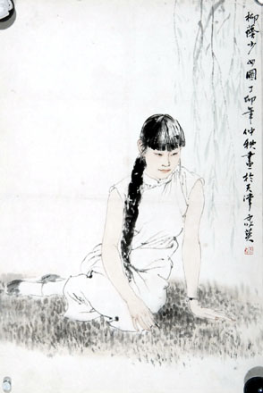 何家英 1987年作 柳荫少女图 镜心57.5×38.5cm