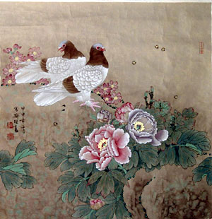 喻继高 2004年作 牡丹双鸽 镜心66×65cm