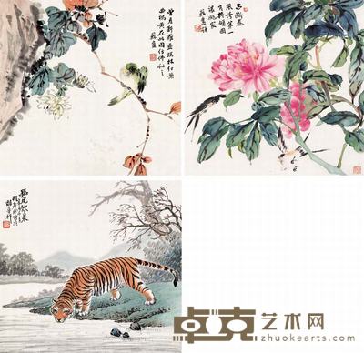 吴杏芬 胡郯卿 花卉 猛虎(三帧) 镜心 33×34cm×2;34×36cm