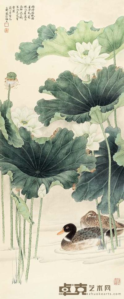 吕大卫 2007年作 荷塘鸭禽 镜心 110×47cm