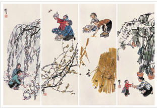 史国良 农家生活 四屏92×34cm×4