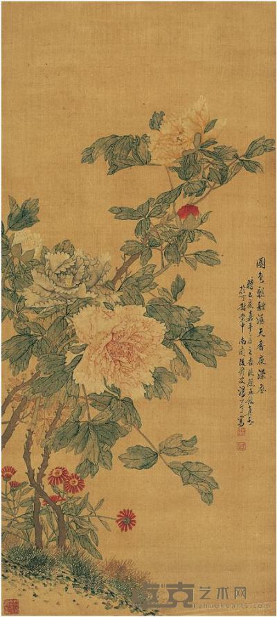 汤世澍（1831?1902）国色天香图镜片 91×41cm