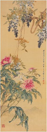 汤世澍（1831?1902）紫藤芍药图立轴