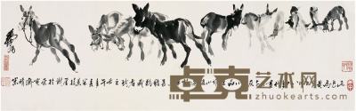 黄胄（1925～1997）水墨群驴图镜片 16.5×77.5cm 