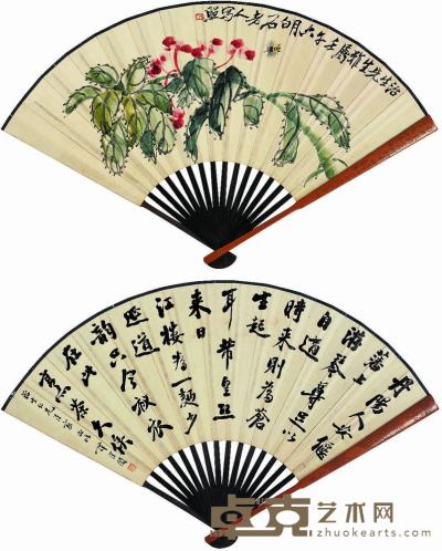 齐白石（1863?1957）、谭泽闓（1889?1947）花卉书法成扇 19.5×53cm