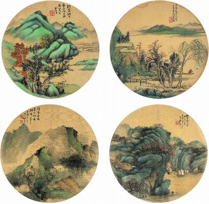 吴伯滔（1840?1895）、袁松年（1895?1966）吴石僊（？?1916）、姚锺葆（？?1924）山水扇页（四幅）