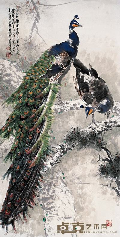 伍彝生 2002年作 孔雀 镜心 138×70cm
