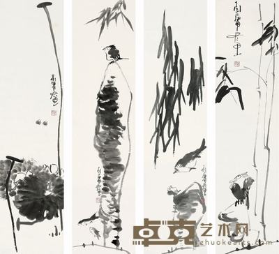 丁衍庸 花鸟 四屏 137×34cm×4