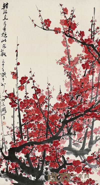 关山月 红梅图 立轴 87×47cm