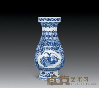 清康熙 青花博古琵琶瓶 高40.5cm