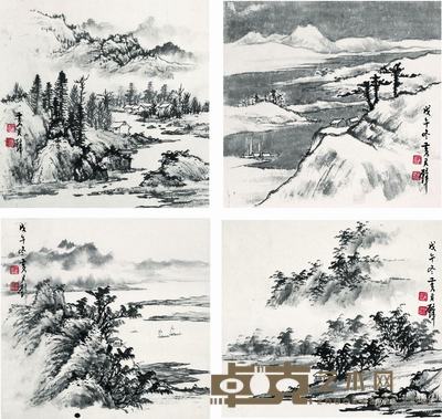 黄君璧 戊午(1978)年作 溪山晚晴(四幅) 镜心 30×29cm×4