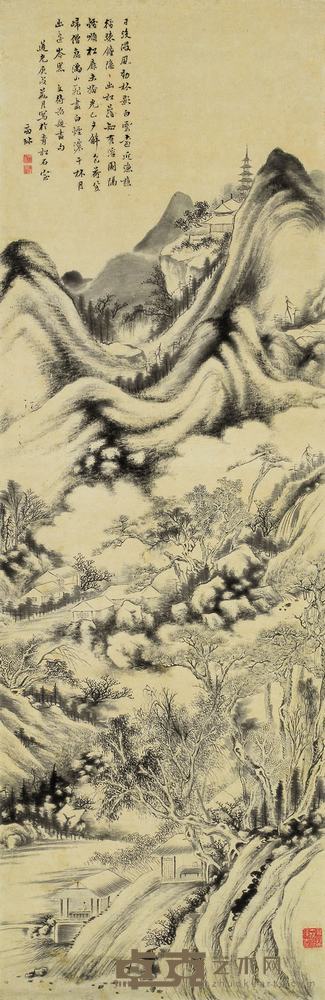 周莲 庚戌(1850)年作 松林隐古寺 立轴 132×43cm