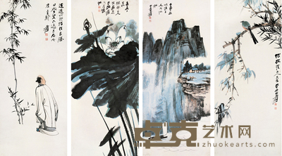 张大千 1949年作 山水人物花鸟 四屏 98×42.5cm×4