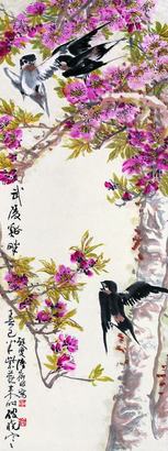陆抑非 春桃紫燕 立轴