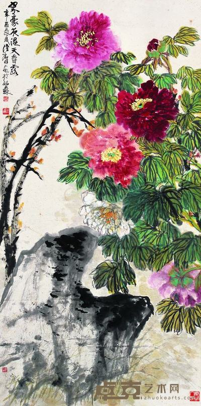 陆抑非 1981年作 翠豪夜湿天香露 立轴 136×67.5cm