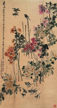 王震 1925年作 夕照群菊 立轴