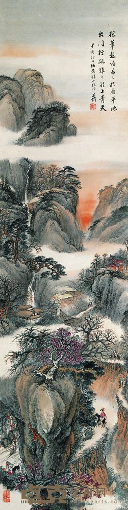 吴石僊 1914年作 溪山行旅 立轴 148×39cm
