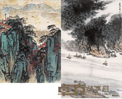 宋文治 1965年作 人工湖 立轴和嘉陵秋意 镜框 40×54cm