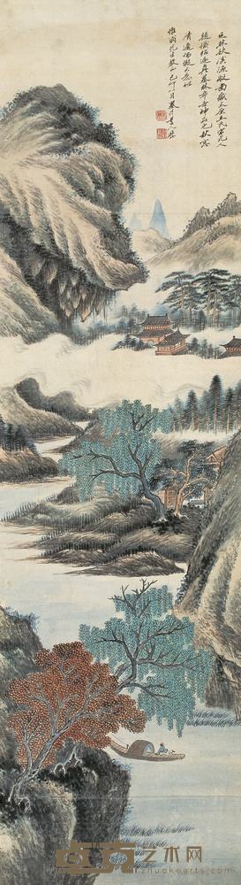 吴历 1699年作 仿巨然秋溪渔艇 立轴 109×30.5cm
