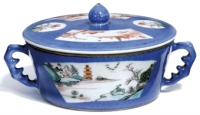 A CHINESE BLUE GROUND CIRCULAR BUTTER-DISH AND COVER