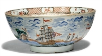 A CHINESE EXPORT FAMILLE ROSE 'MARITIME' BOWL FOR THE ENGLISH MARKET
