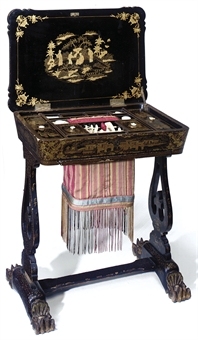 A CHINESE EXPORT LACQUER AND PARCEL GILT WORKTABLE