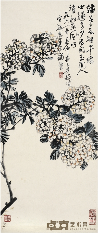 吳茀之（1900～1977） 繡毬花圖 93×40.5cm