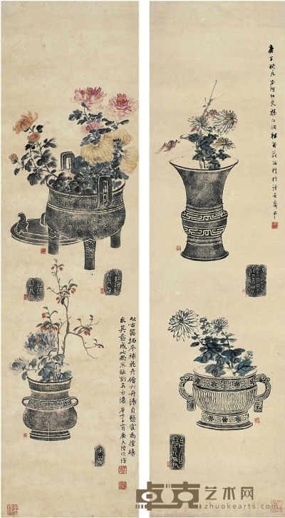 楊伯潤（1837～1911）陸 恢（1851～1920）博古花卉圖 147.5×39.5cm 146×39cm