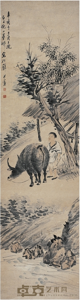 倪 田（1855～1919） 牧牛圖 148×39.5cm