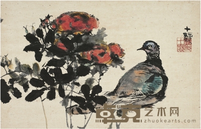 程十髮（1921～2007） 鴿子月季圖 32.5×50cm